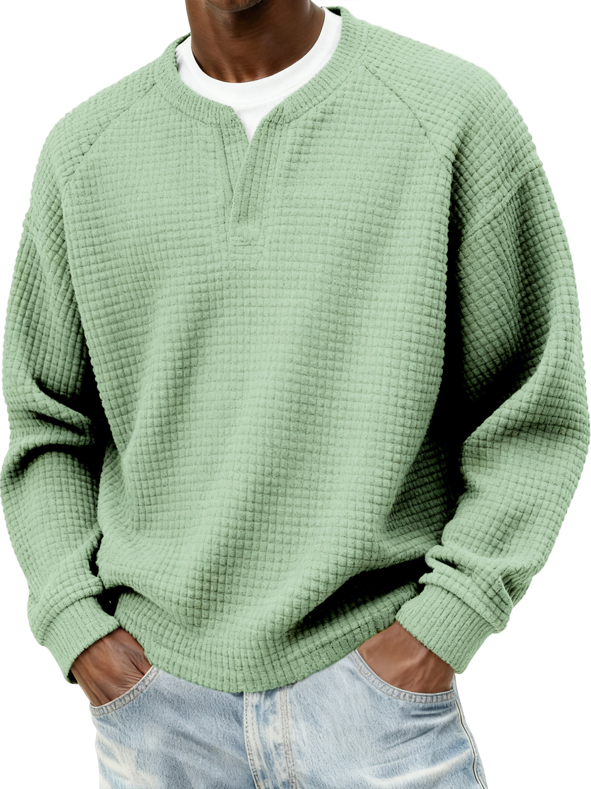 Men's Stylish Cord Waffle Fake Two-Piece V-neck Raglan Sleeve Pullover Sweatshirt