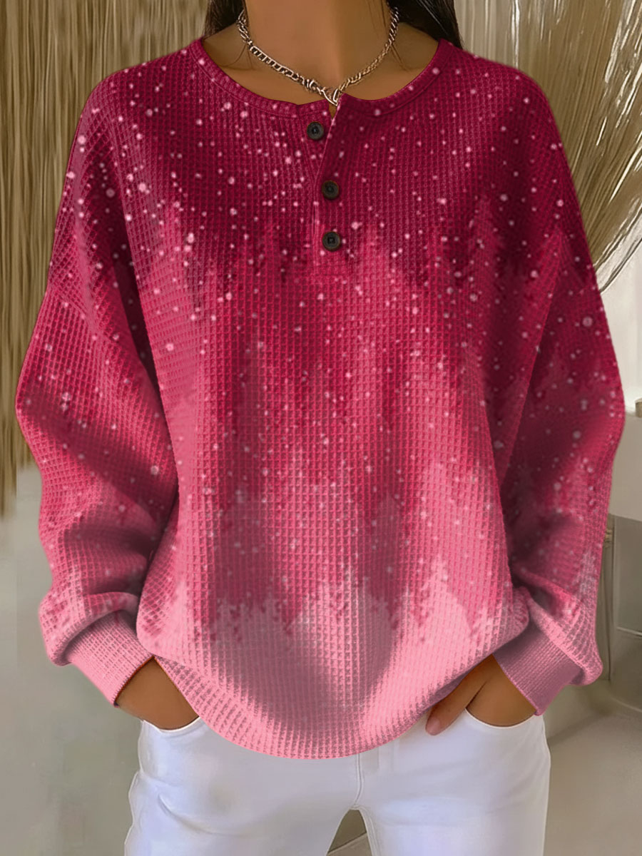 Women's Red Gradient Christmas Tree Pattern Art Print Casual Cotton Shirt