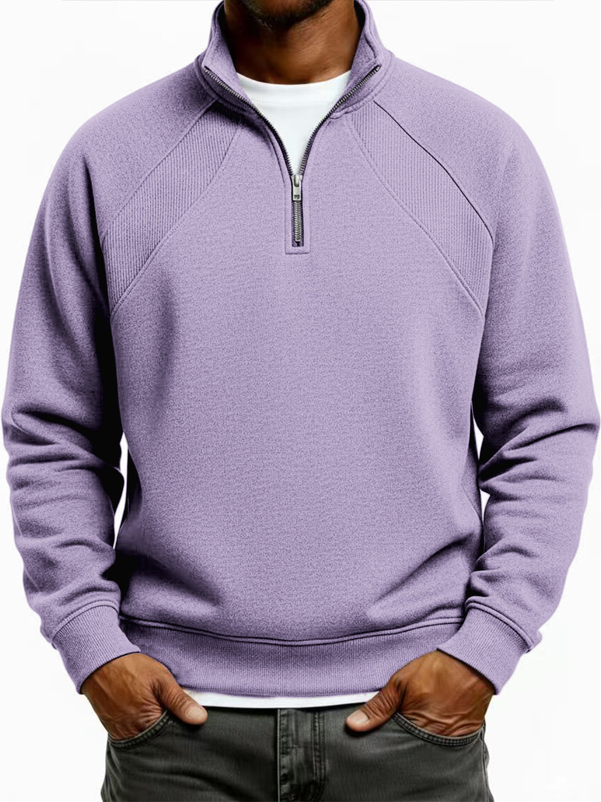 Men's Quarter-Zip Ribbed Raglan Textured Deconstructed Pullover Sweatshirt