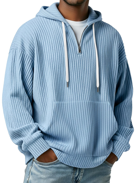 Men's Simple Ribbed Hooded Zipper Casual Loose Sweatshirt