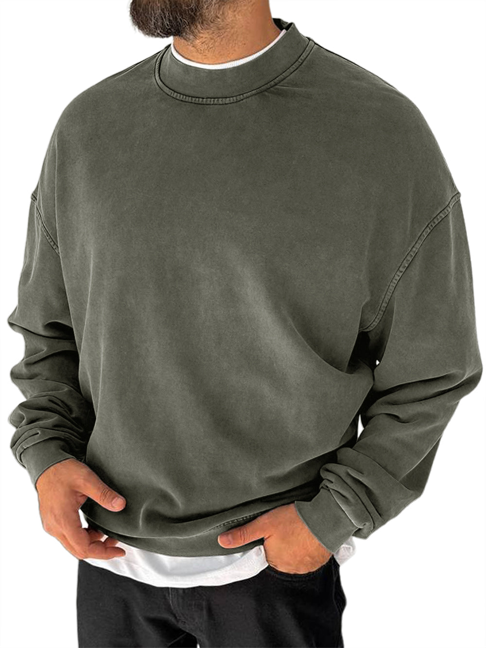 Men's 100% Cotton Washed Distressed Crew Neck Vintage Casual Long-sleeved Sweatshirt