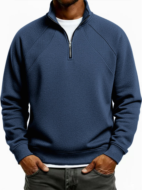 Men's Quarter-Zip Ribbed Raglan Textured Deconstructed Pullover Sweatshirt