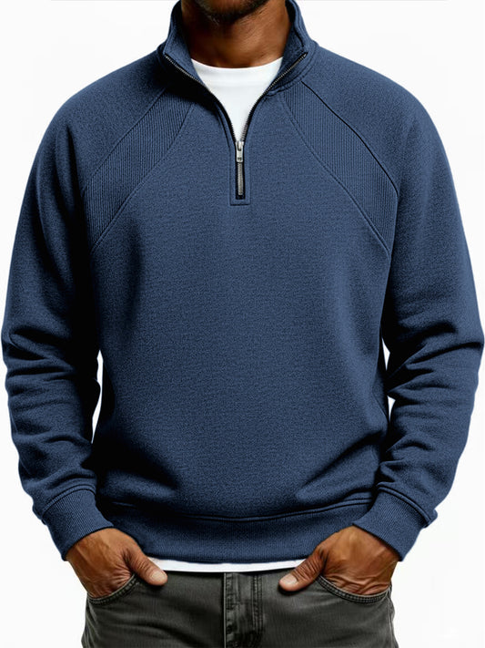 Men's Quarter-Zip Ribbed Raglan Textured Deconstructed Pullover Sweatshirt