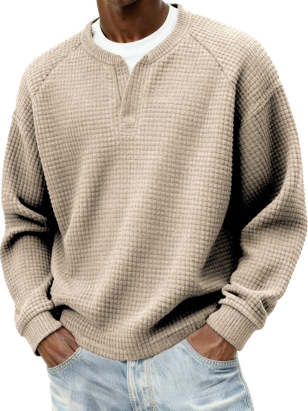 Men's Stylish Cord Waffle Fake Two-Piece V-neck Raglan Sleeve Pullover Sweatshirt