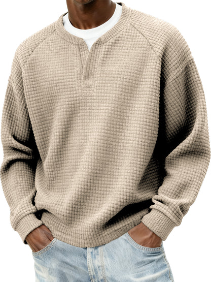 Men's Stylish Cord Waffle Fake Two-Piece V-neck Raglan Sleeve Pullover Sweatshirt