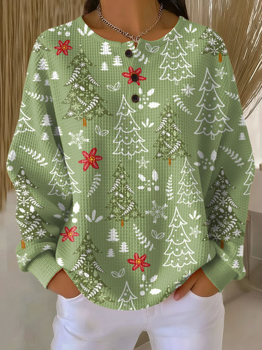 Women's Christmas Tree Art Print Casual Cotton Shirt