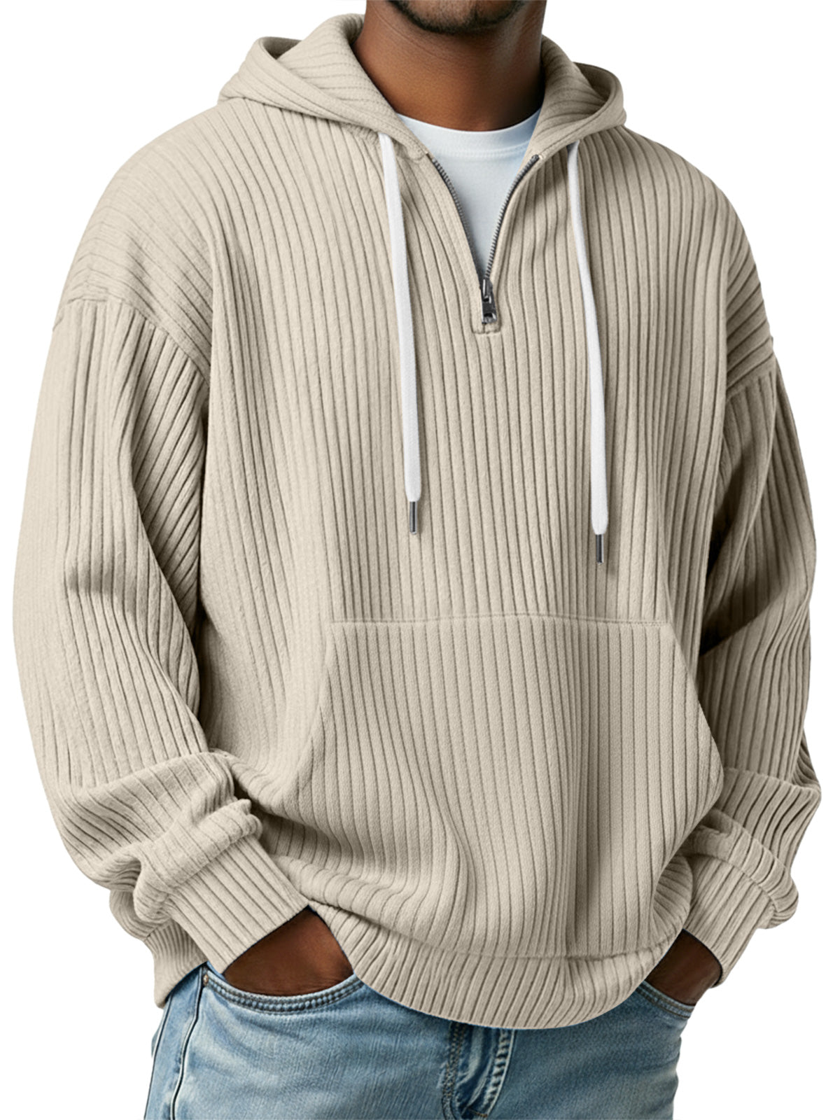 Men's Simple Ribbed Hooded Zipper Casual Loose Sweatshirt
