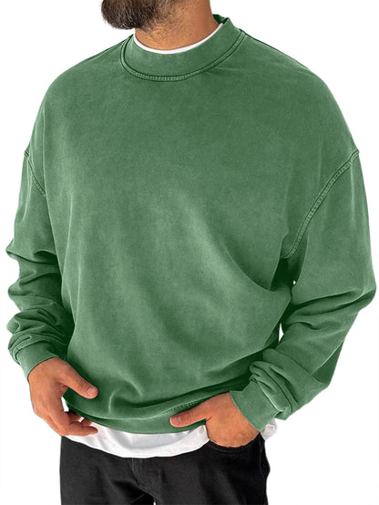 Men's 100% Cotton Washed Distressed Crew Neck Vintage Casual Long-sleeved Sweatshirt