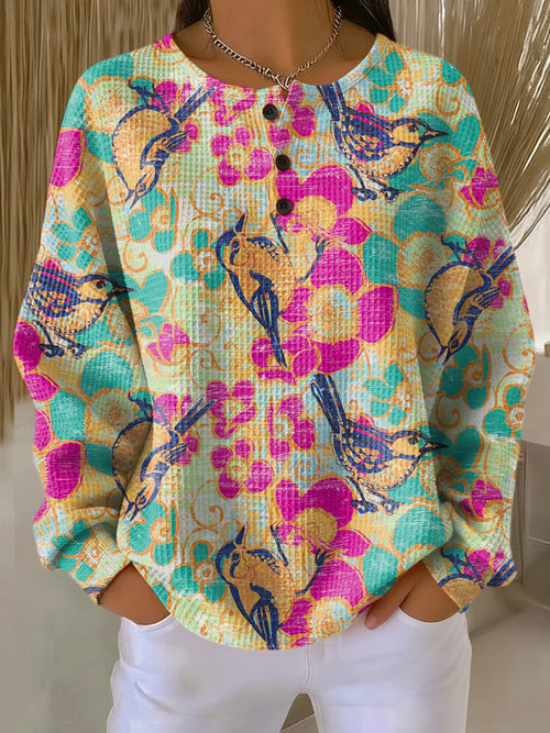 Women's Beautiful Colorful Ethnic Floral Bird Painting Art Print Casual Cotton Shirt