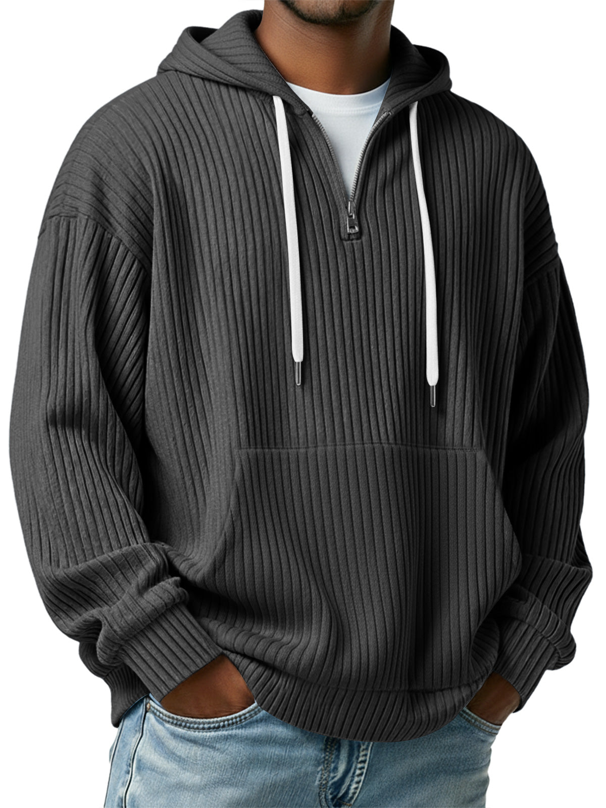 Men's Simple Ribbed Hooded Zipper Casual Loose Sweatshirt