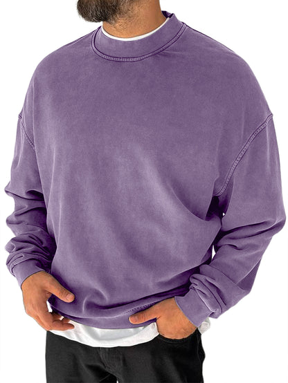 Men's 100% Cotton Washed Distressed Crew Neck Vintage Casual Long-sleeved Sweatshirt