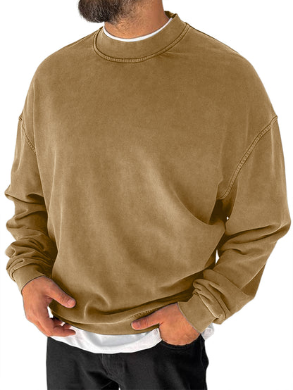 Men's 100% Cotton Washed Distressed Crew Neck Vintage Casual Long-sleeved Sweatshirt