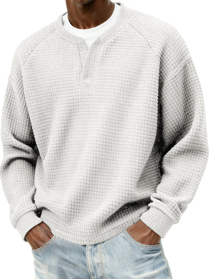 Men's Stylish Cord Waffle Fake Two-Piece V-neck Raglan Sleeve Pullover Sweatshirt