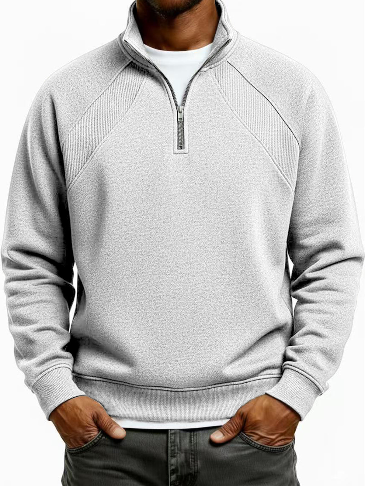 Men's Quarter-Zip Ribbed Raglan Textured Deconstructed Pullover Sweatshirt