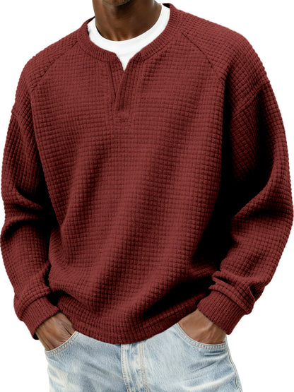 Men's Stylish Cord Waffle Fake Two-Piece V-neck Raglan Sleeve Pullover Sweatshirt