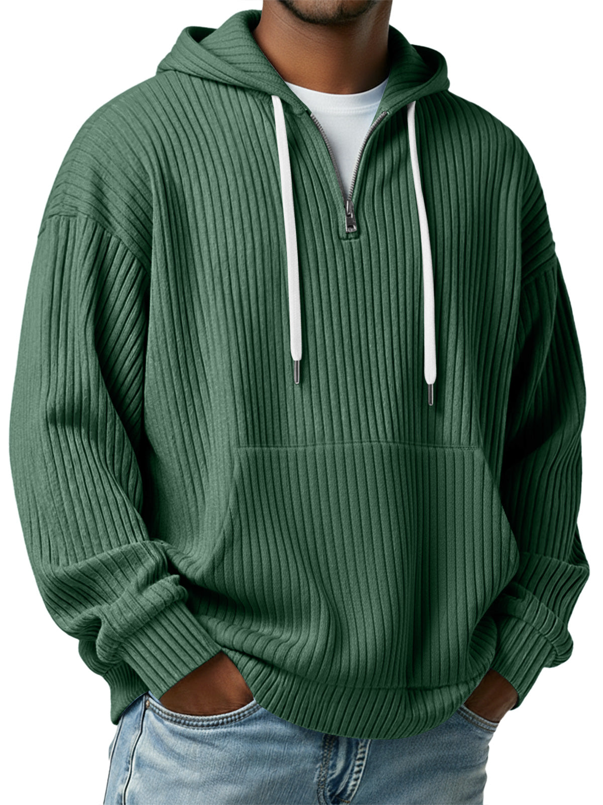 Men's Simple Ribbed Hooded Zipper Casual Loose Sweatshirt