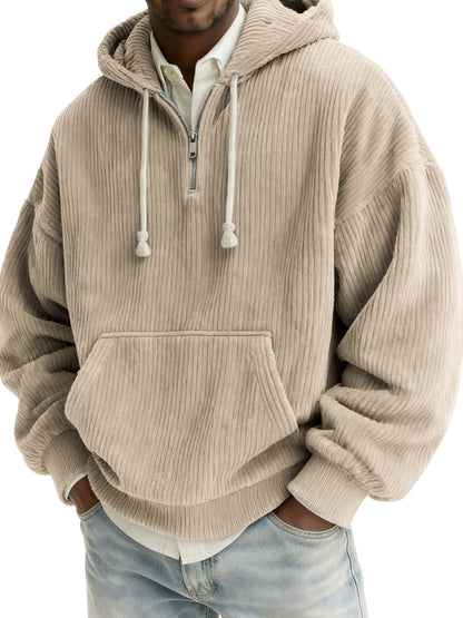 Men's Stylish Quarter-zip Corduroy Hooded Sweatshirt with Kangaroo Pockets