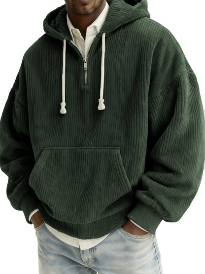 Men's Stylish Quarter-zip Corduroy Hooded Sweatshirt with Kangaroo Pockets