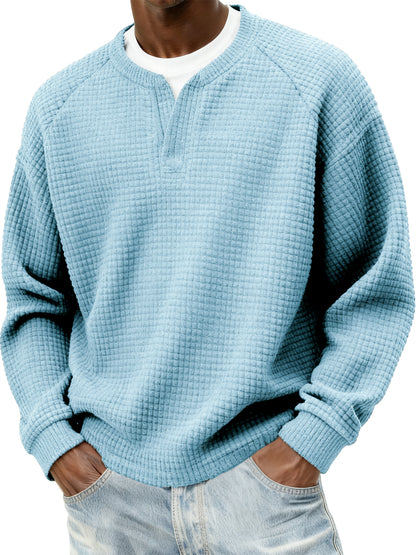 Men's Stylish Cord Waffle Fake Two-Piece V-neck Raglan Sleeve Pullover Sweatshirt