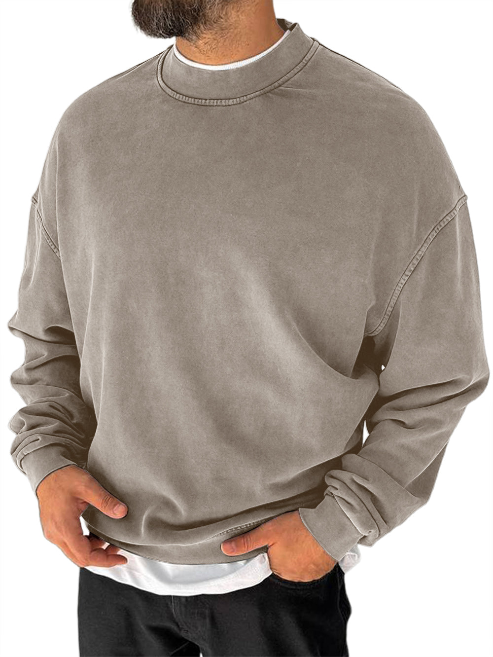 Men's 100% Cotton Washed Distressed Crew Neck Vintage Casual Long-sleeved Sweatshirt