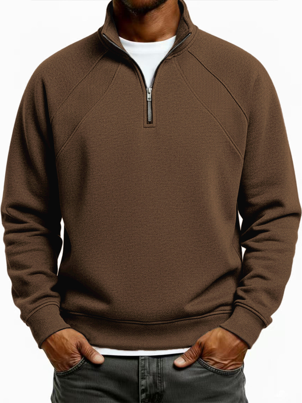 Men's Quarter-Zip Ribbed Raglan Textured Deconstructed Pullover Sweatshirt