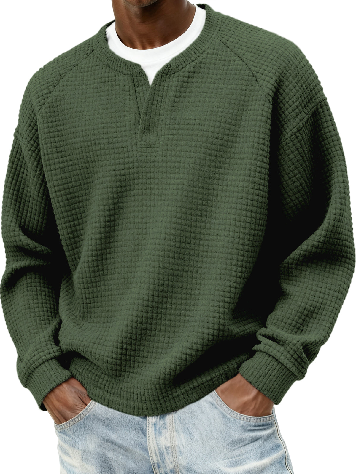 Men's Stylish Cord Waffle Fake Two-Piece V-neck Raglan Sleeve Pullover Sweatshirt
