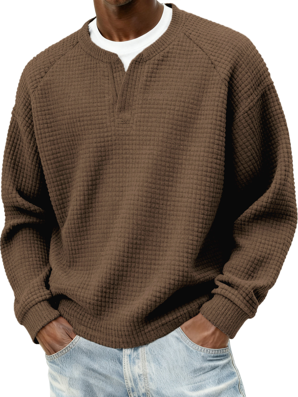 Men's Stylish Cord Waffle Fake Two-Piece V-neck Raglan Sleeve Pullover Sweatshirt