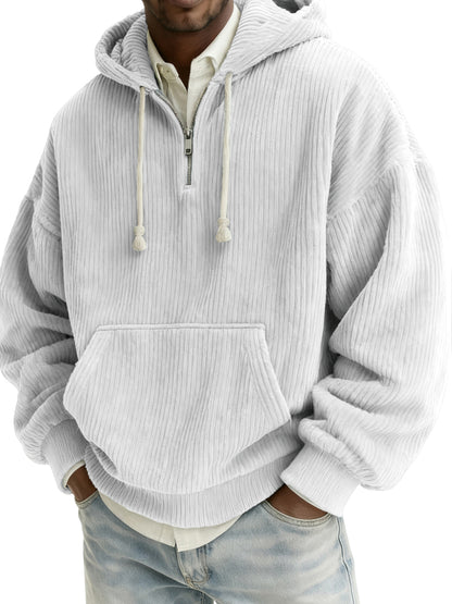 Men's Stylish Quarter-zip Corduroy Hooded Sweatshirt with Kangaroo Pockets