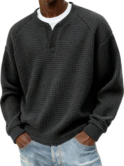 Men's Stylish Cord Waffle Fake Two-Piece V-neck Raglan Sleeve Pullover Sweatshirt