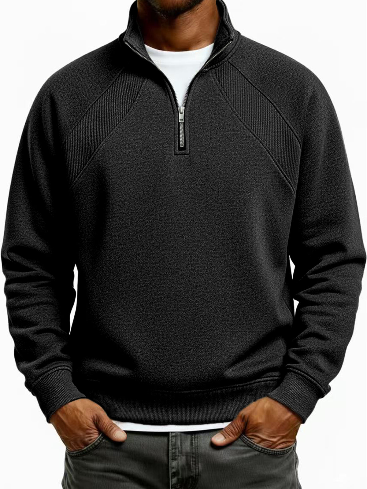 Men's Quarter-Zip Ribbed Raglan Textured Deconstructed Pullover Sweatshirt