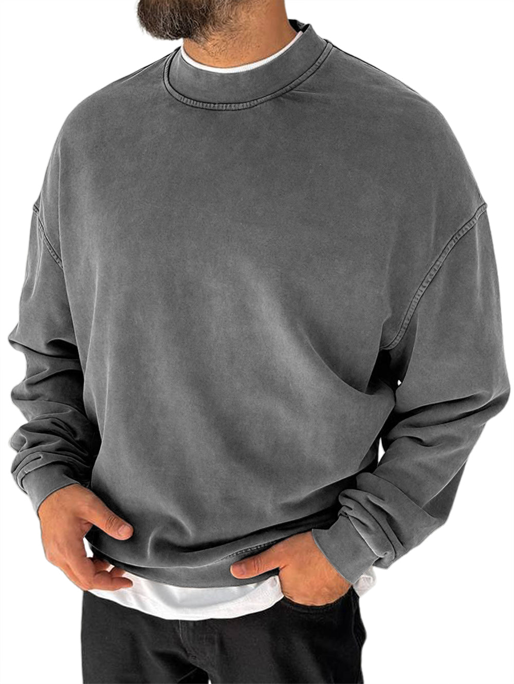 Men's 100% Cotton Washed Distressed Crew Neck Vintage Casual Long-sleeved Sweatshirt