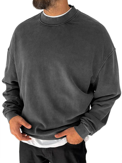 Men's 100% Cotton Washed Distressed Crew Neck Vintage Casual Long-sleeved Sweatshirt
