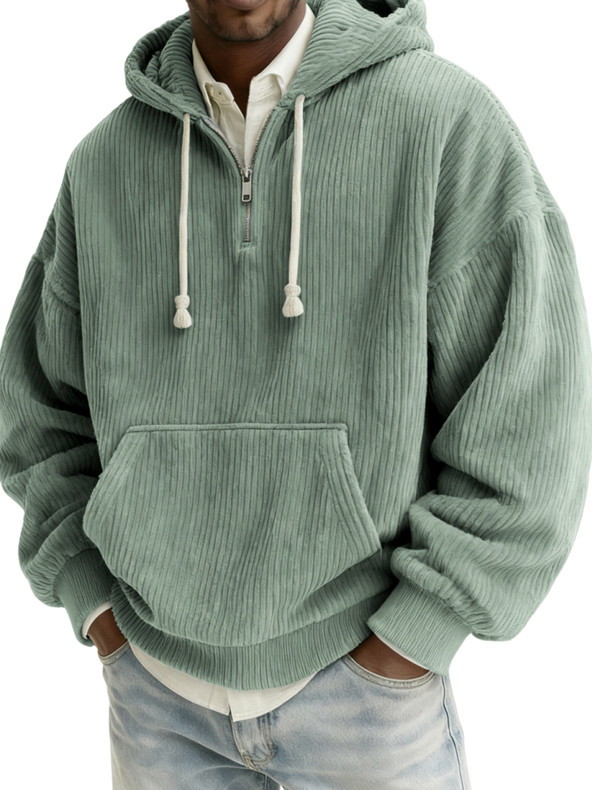 Men's Stylish Quarter-zip Corduroy Hooded Sweatshirt with Kangaroo Pockets