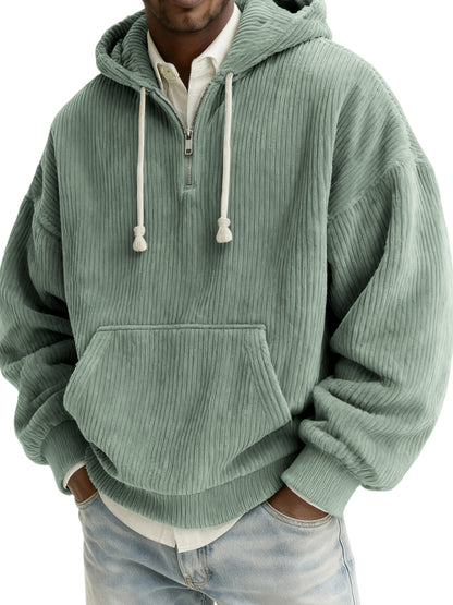 Men's Stylish Quarter-zip Corduroy Hooded Sweatshirt with Kangaroo Pockets