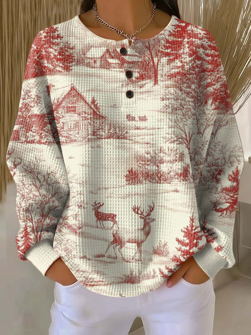 Women's Christmas Pattern Art Print Casual Cotton Waffle Sweatshirt