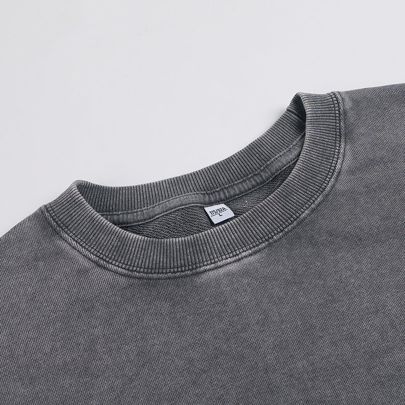 Men's 100% Cotton Washed Distressed Crew Neck Vintage Casual Long-sleeved Sweatshirt