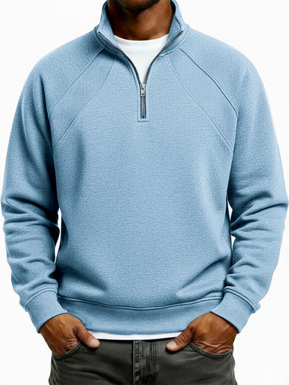 Men's Quarter-Zip Ribbed Raglan Textured Deconstructed Pullover Sweatshirt