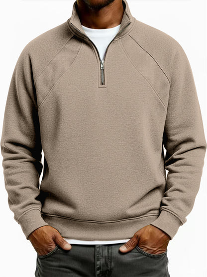 Men's Quarter-Zip Ribbed Raglan Textured Deconstructed Pullover Sweatshirt
