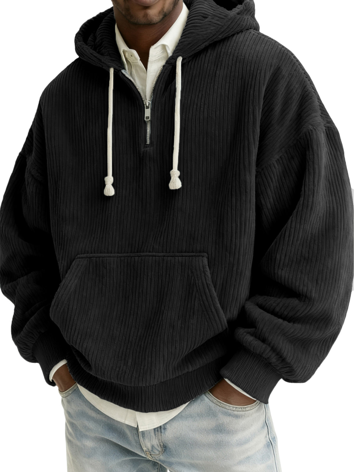 Men's Stylish Quarter-zip Corduroy Hooded Sweatshirt with Kangaroo Pockets