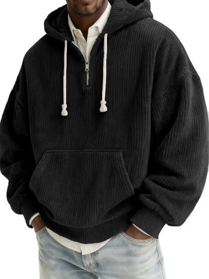 Men's Stylish Quarter-zip Corduroy Hooded Sweatshirt with Kangaroo Pockets