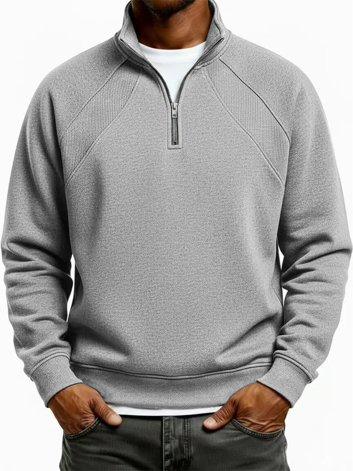 Men's Quarter-Zip Ribbed Raglan Textured Deconstructed Pullover Sweatshirt