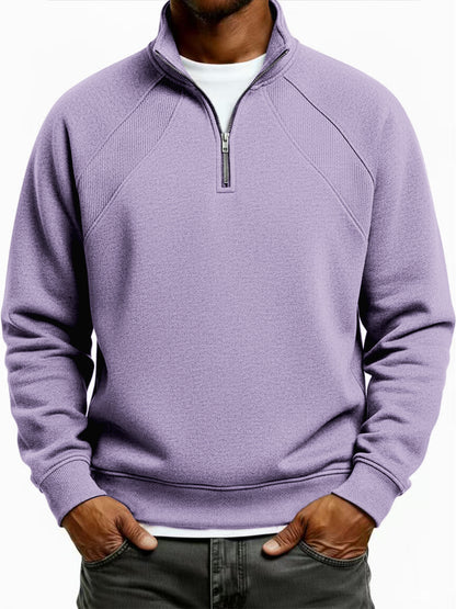 Men's Quarter-Zip Ribbed Raglan Textured Deconstructed Pullover Sweatshirt
