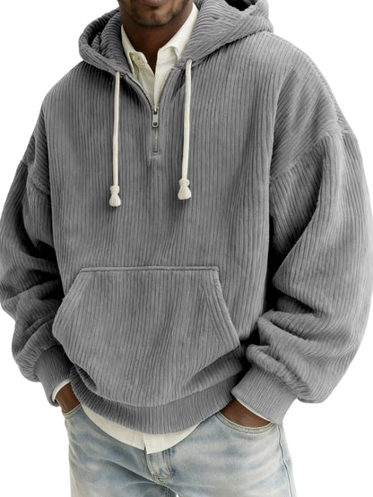 Men's Stylish Quarter-zip Corduroy Hooded Sweatshirt with Kangaroo Pockets