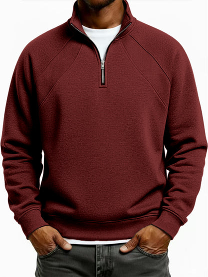 Men's Quarter-Zip Ribbed Raglan Textured Deconstructed Pullover Sweatshirt